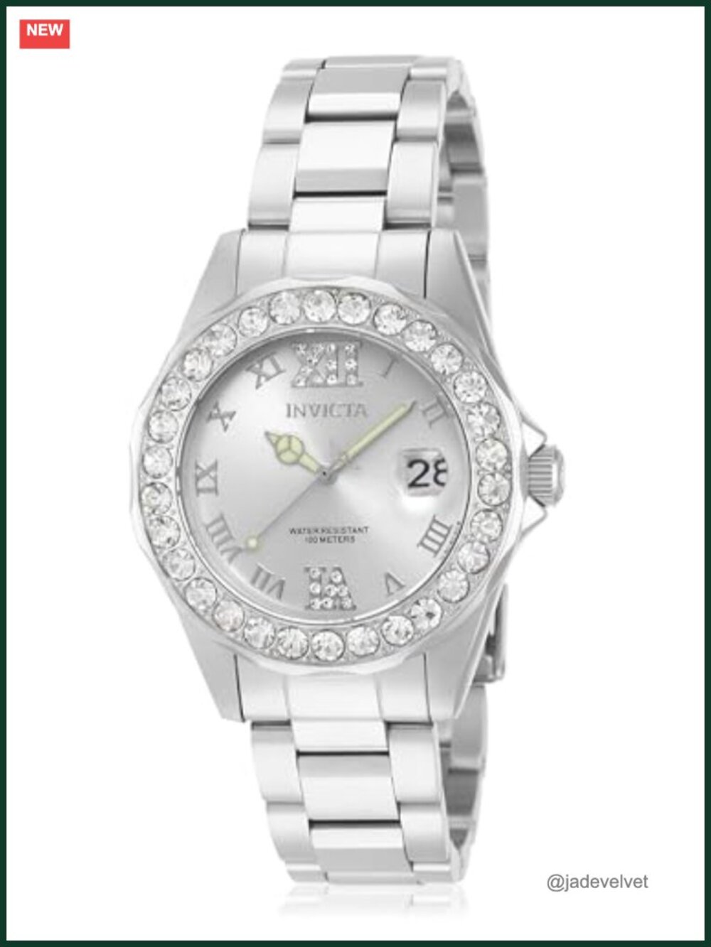 38mm Silver Dial Watch with Crystal Accents, Stainless Steel Band, Water